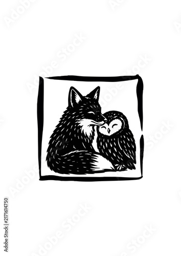 Fox and Owl Cuddling Silhouette in Hand-Drawn Frame, Black Ink Woodcut Style Illustration