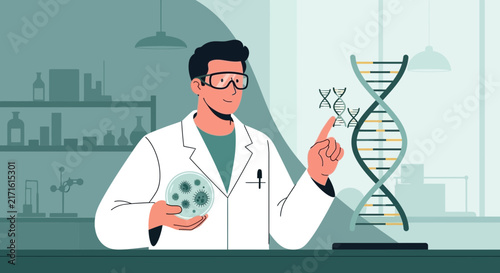 Scientist examining DNA helix and petri dish, laboratory background, illustration