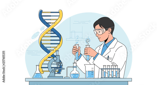 Scientist examining DNA helix in laboratory, microscopy, flasks