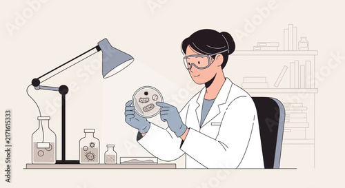 Scientist examining petri dish with bacteria under lamp in laboratory