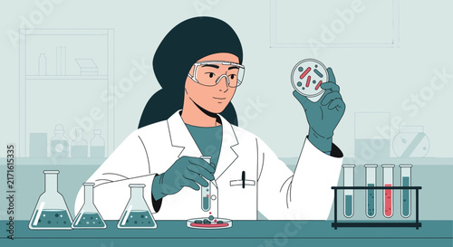 Scientist examining petri dish with cultures in laboratory setting