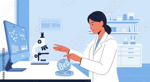 Scientist examining petri dish with bacteria under microscope in lab
