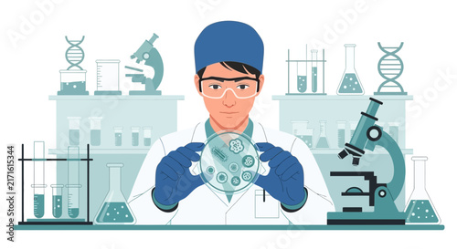 Scientist Examining Petri Dish with Microbes in Laboratory