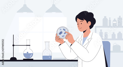 Scientist Examining Petri Dish with Microbes in Laboratory