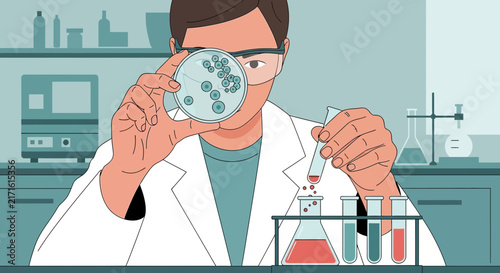 Scientist examining petri dish with samples in laboratory