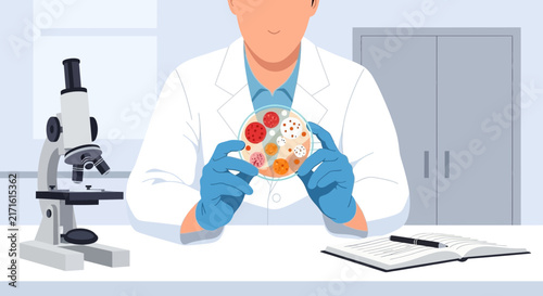 Scientist Holding Petri Dish with Bacterial Cultures, Microscope and Lab Equipment