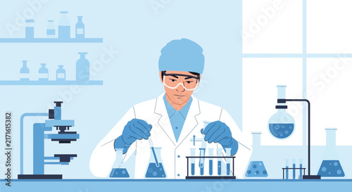 Scientist in lab coat working with beakers and microscope, transparent background