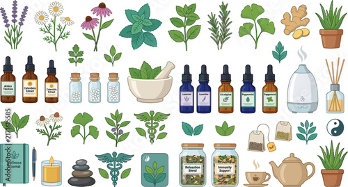Bild auf Leinwand Aromatherapy and herbal medicine icon set vector illustration featuring flat car