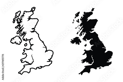 Outline and Silhouette Maps of United Kingdom on White Background