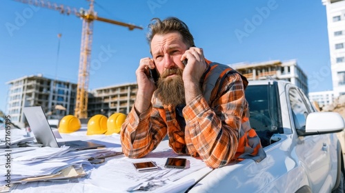 Bearded construction worker reviewing plans at a building site