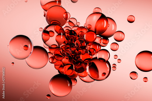 Red transparent drops on a dark red background. Medical, chemical, and laboratory research concept focused on cosmetics, skincare, and anti-aging.