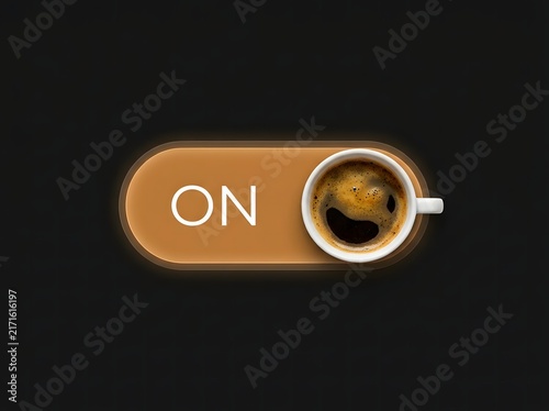 On switch button shaped like a coffee cup filled with fresh espresso on dark background