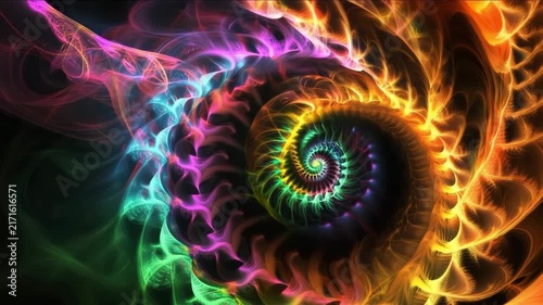 Vibrant abstract spiral design with colorful light trails creating a mesmerizing visual effect. showcasing dynamic movement and intricate patterns in a dark background