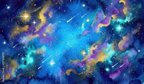 Colorful outer space background with bright shining stars and glowing nebula clouds in a deep dark galaxy night sky