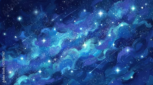 Blue pixel art galaxy background with glowing stars and nebula clouds in deep space