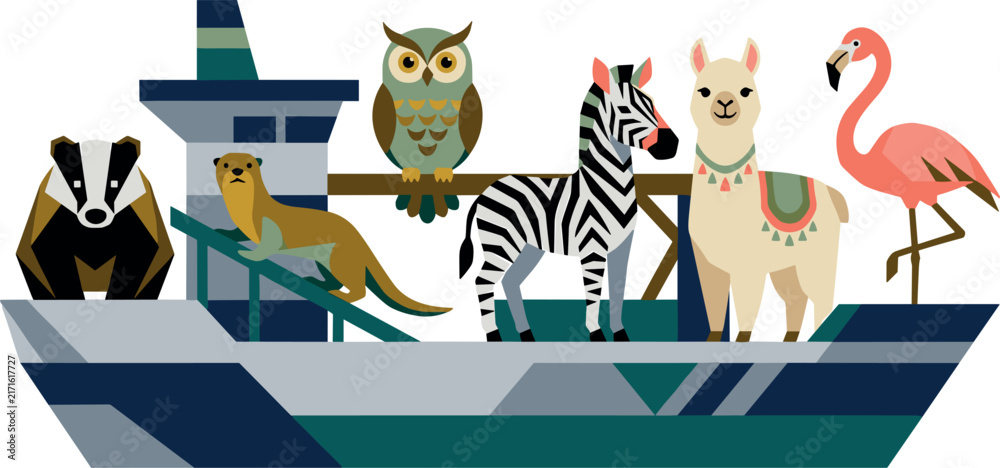 Fototapeta premium Geometric Style Wildlife Animals on a Modern Ship Vector Illustration Featuring a Badger Otter Owl Zebra Alpaca and Flamingo for Creative Eco Tourism Designs