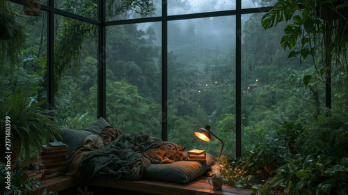 Dark reading nook with view of greenery on a rainy day