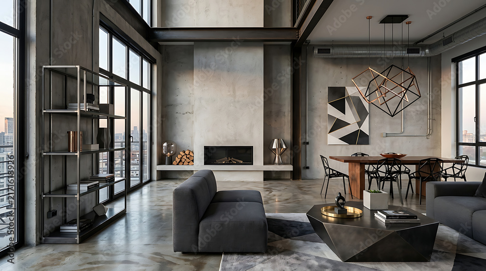Obraz premium Sophisticated urban loft living room with modern industrial design and panoramic city views, a perfect blend of style and comfort
