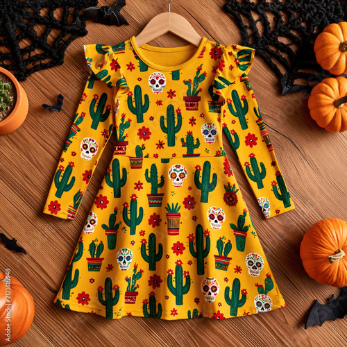 Bright yellow dress with cactus and skull prints for a fun occasion