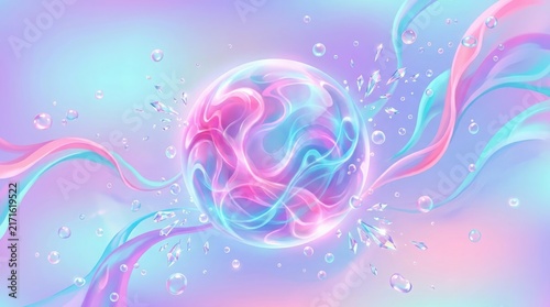 Abstract crystal sphere with glowing pink and blue liquid smoke swirls and floating bubbles on a clean white background