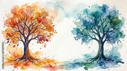 Two artistic watercolor trees with autumn and summer colors isolated on a plain white background