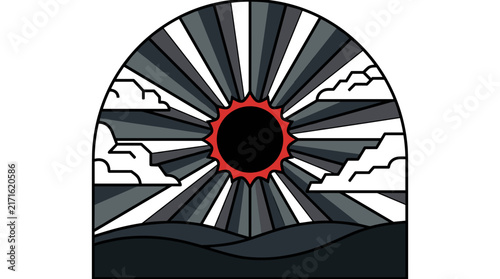 Retro sun eclipse vector illustration with sunburst rays and clouds