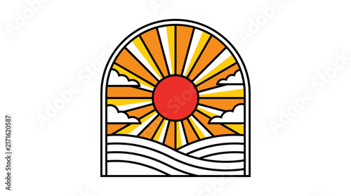 Retro sunburst arch graphic with ocean waves and clouds in vintage style