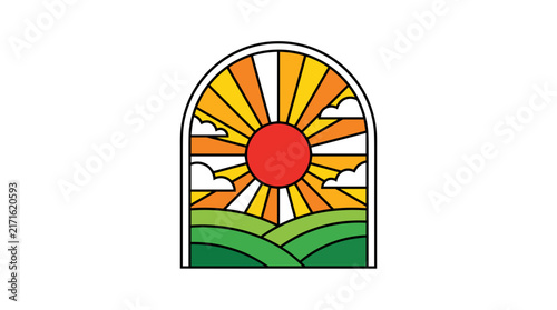 Retro Sunburst Arch Landscape Stained Glass Vector Art