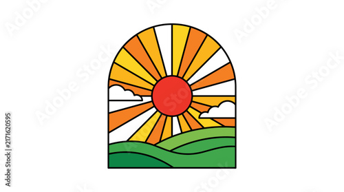 Retro sunburst arch landscape with green hills and bright red sun