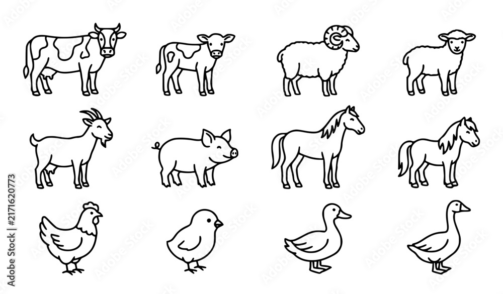 Obraz premium Farm Animals Icon Set, Including Cow, Pig, Sheep, Horse, Chicken, and Duck Illustrations