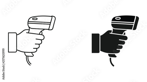 Hand holding barcode scanner icon, vector illustration of a handheld scanner for retail and inventory management, isolated on white background