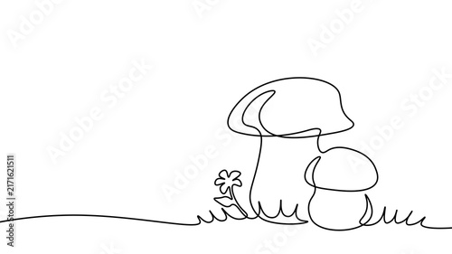 Continuous line mushrooms with flower drawing. Minimalist one line art style. Logos postcards books t-shirts covers print. White background black outline vector illustration.