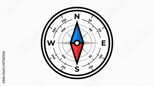 Navigation compass icon with cardinal directions and degree markings for travel design