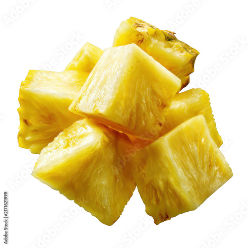 Fresh yellow pineapple chunks stacked together isolated on transparent background