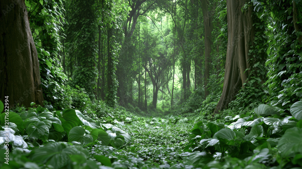 Naklejka premium Lush green forest overgrown with dense foliage, tall trees, vibrant leaves, natural sunlight, peaceful atmosphere, untouched nature