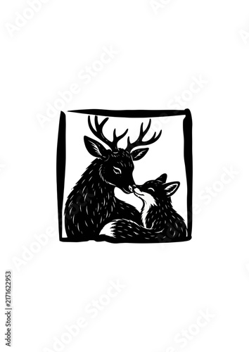 Deer and Fox Nuzzling Silhouette in Hand-Drawn Frame, Black Ink Woodcut Style Illustration