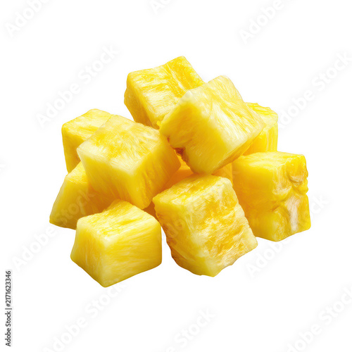 Fresh yellow pineapple chunks cut into small squares isolated on transparent background