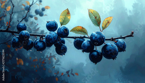 Sloe berries on blackthorn branch in moody botanical illustration with cool autumnal light generative AI
