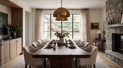 Elegant dining room features a long wooden table set for a large gathering with upholstered chairs and a large golden chandelier.