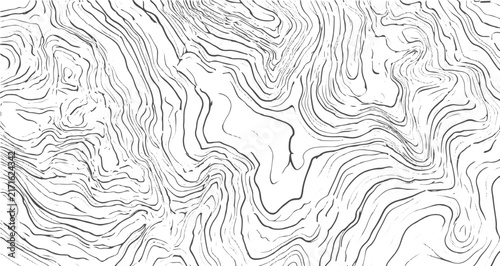 Konstfotografi Detailed Grayscale Contour Map, Winding River and Valley Terrain with Layered Topographic Lines, Elevation Patterns, Natural Landforms and Geographic Background Design