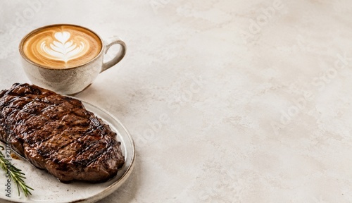 Grilled steak and latte coffee with copy space for restaurant menu advertising.