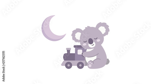 Photography A cute sleeping koala sitting and hugging a purple toy train under a crescent moon in a minimalist vector illustration