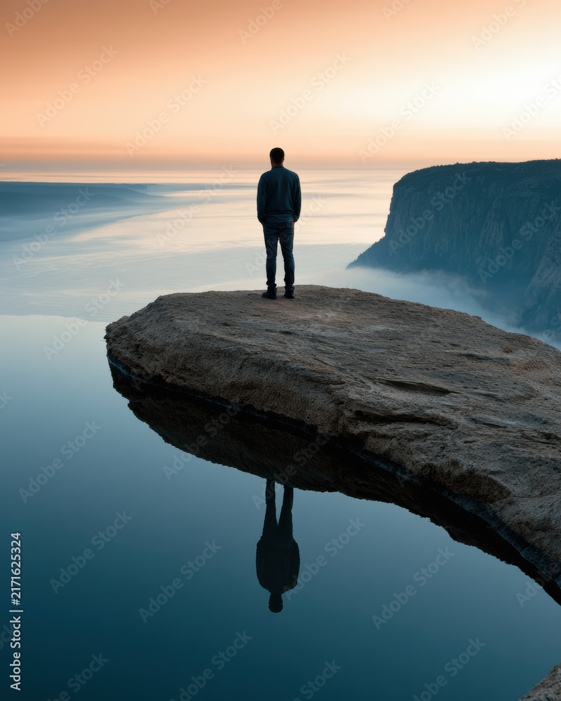 Obraz premium Person cliff reflection water sunrise solitude landscape nature sky peaceful. person stands cliff edge above calm water reflecting sky sunrise