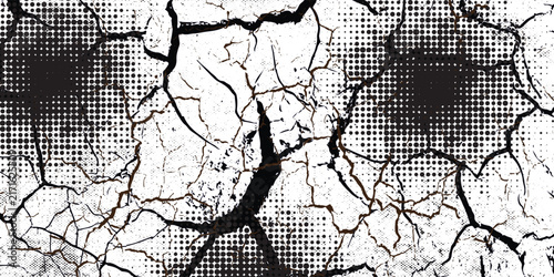Cracked Grunge Halftone Texture Background With Abstract Black Cracks and Vintage Dotted Pattern
