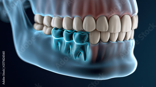 3D illustration human jaw teeth dental anatomy wisdom tooth highlighted medical concept