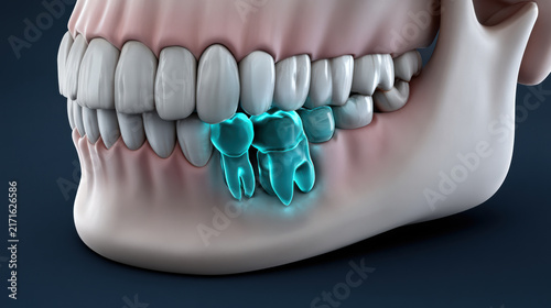 3D illustration human jaw teeth wisdom tooth impacted dental anatomy medical concept