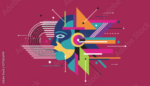 Vibrant abstract geometric illustration of a human head profile made of colorful triangles and shapes on a magenta canvas.