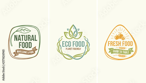 Collection of three vintage styled circular food logo labels for natural eco and fresh farm to table products.