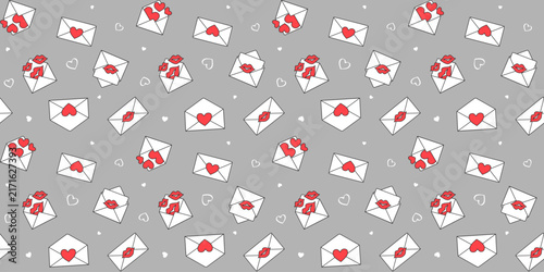 Mailing envelopes with red hearts and kisses on a grey background with small white hearts. Valentine's day and wedding endless texture with love letters. Vector seamless pattern for giftwrap, printing