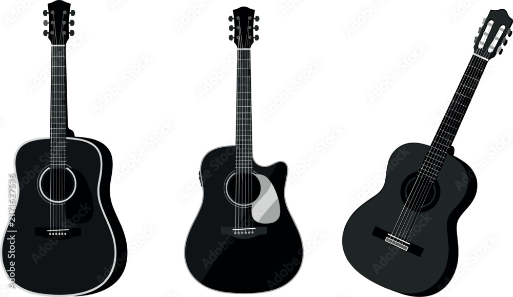 Obraz premium Acoustic Guitar Black Silhouette Icon Set featuring Dreadnought Classical and Cutaway Body Shapes for Country Folk and Rock Music Vector Illustrations